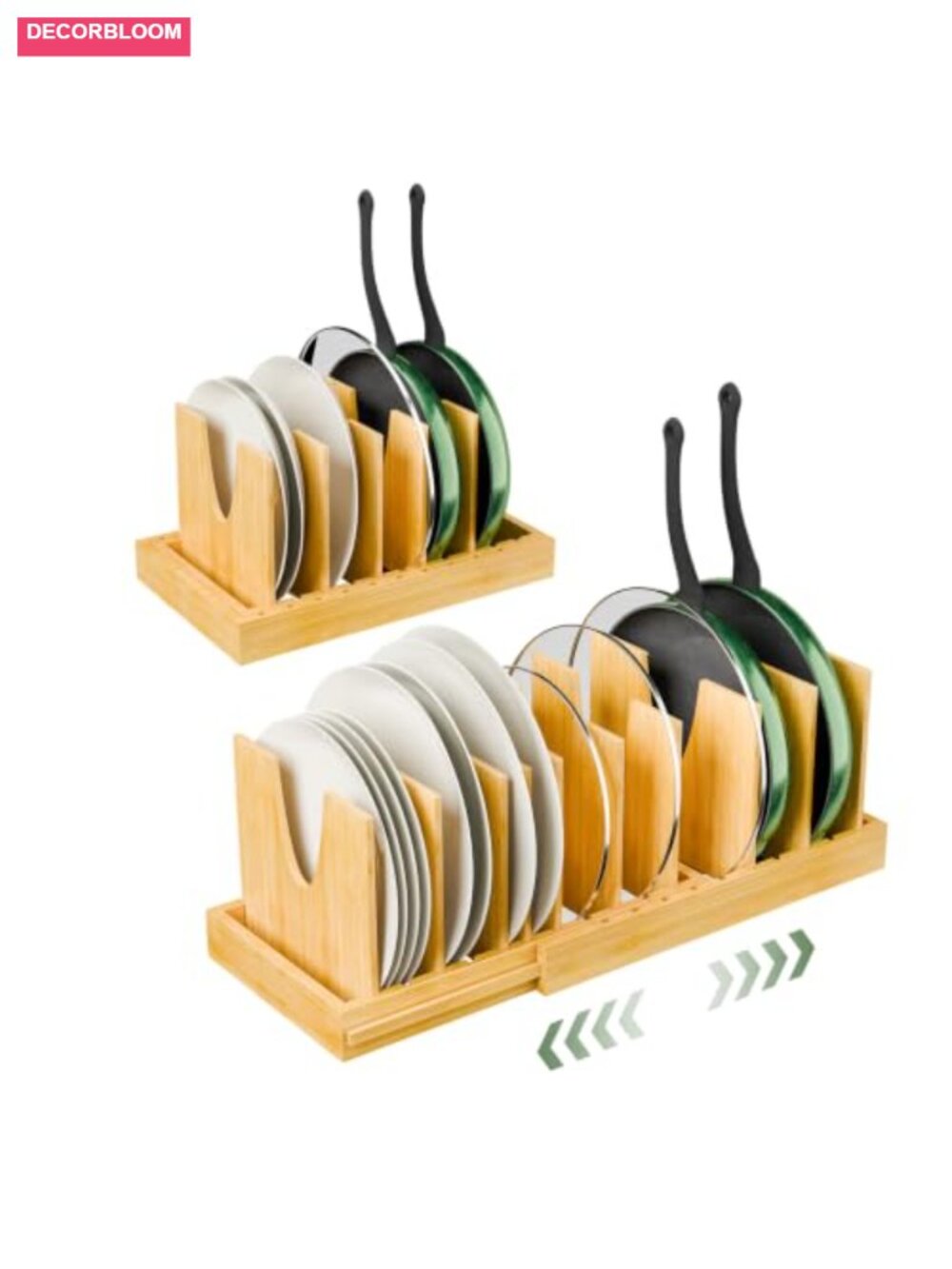 Bamboo Pot and Pan Organizer Expandable Lid Holder Rack 10 Dividers